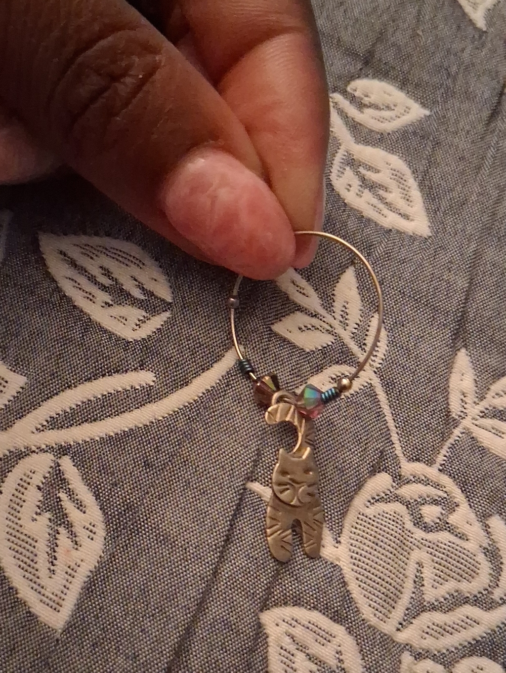 Sterling Silver Cat Charm Hoop Earring with Bead Accents